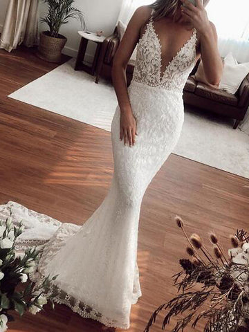Sexy Long Mermaid V-neck Lace Tulle Wedding Dresses