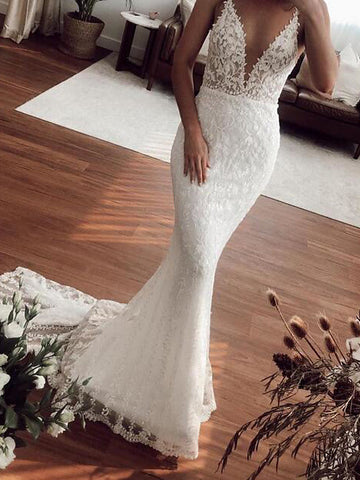 Sexy Long Mermaid V-neck Lace Tulle Wedding Dresses