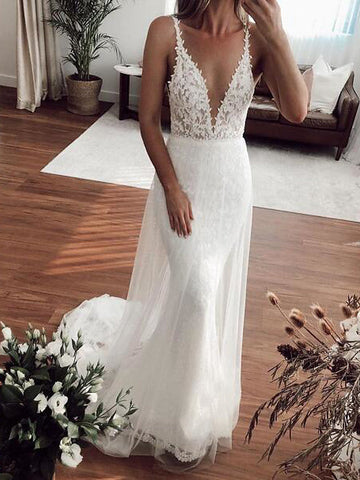Sexy Long Mermaid V-neck Lace Tulle Wedding Dresses