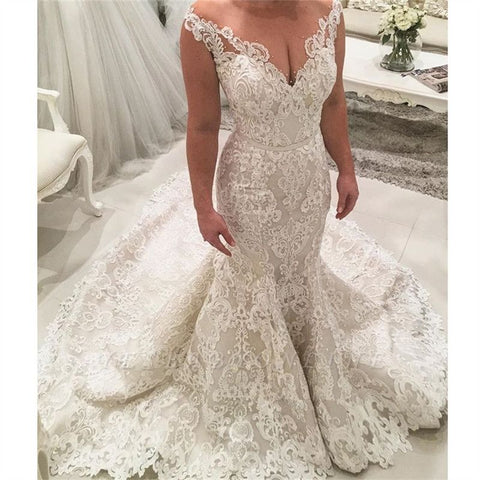 Sexy Long Mermaid V-neck Spaghetti Straps Appliques Lace Wedding Dress