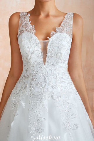Sexy Pluging V-Neck Wedding Dress Sheer Lace Aline Bridal Gown