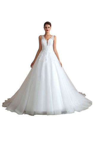Sexy Pluging V-Neck Wedding Dress Sheer Lace Aline Bridal Gown