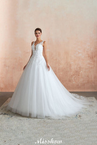 Sexy Pluging V-Neck Wedding Dress Sheer Lace Aline Bridal Gown