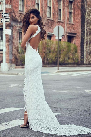 Sexy Pretty Mermaid Jewel Lace Backless With Court Train Beach Elegant Wedding Dresses