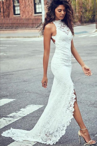 Sexy Pretty Mermaid Jewel Lace Backless With Court Train Beach Elegant Wedding Dresses