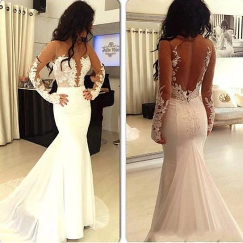 Sexy Pretty Mermaid Open Back Long Sleeve Elegant Wedding Dresses