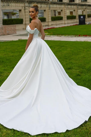 Vestido de novia sexy de satén, corte en A, sin mangas, con lentejuelas y escote palabra de honor.