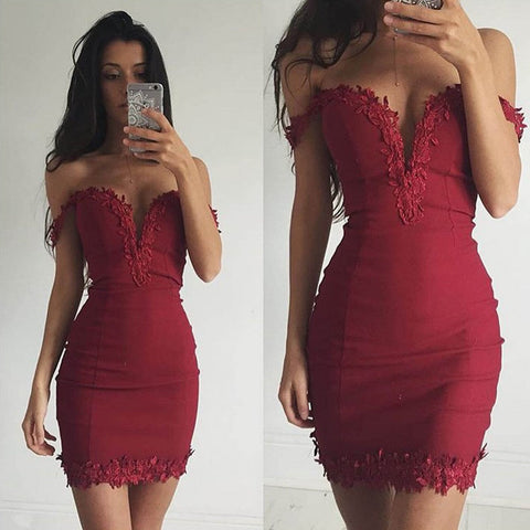 Sexy Short Sheath Off-the-shoulder Burgundy Prom Dress