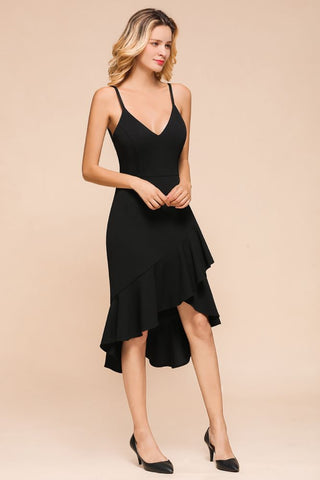 Sexy Spaghetti Straps Sweetheart Slim Hi-Lo Party Dress Vintage Backless Black Prom Dress