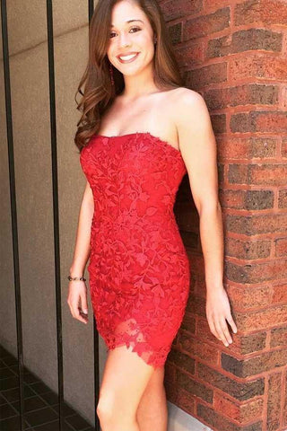 Vestido corto de fiesta rojo ajustado y sexy sin tirantes con encaje, estilo PD394