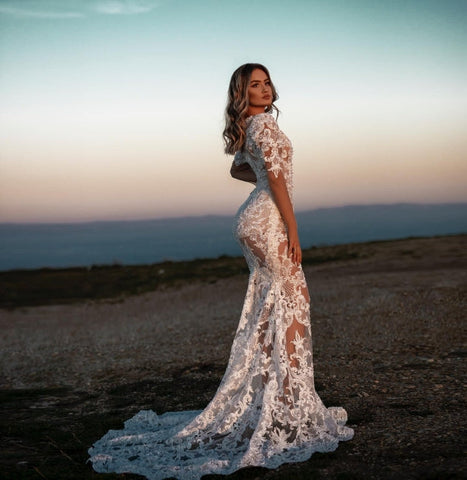 Sexy V-neck Mermaid Lace Wedding dresses with Sleeves