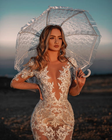 Sexy V-neck Mermaid Lace Wedding dresses with Sleeves