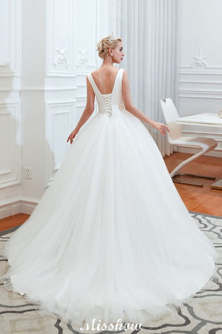 Sexy V-Neck Sleeveless Princess Spring Wedding Dress | White Low Back Bridal Gowns with Belt