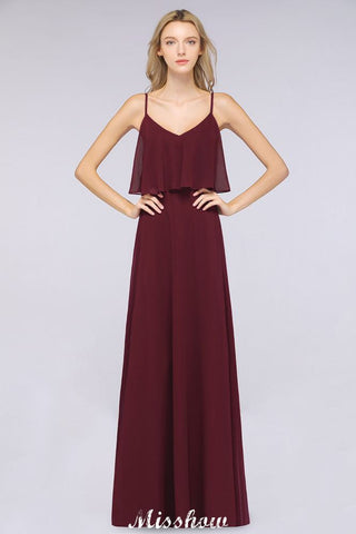 Shapghetti Burgundy Bridesmaid Dress Backless Chiffon Wedding Guest Dress
