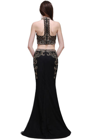 Sheath Crystal Halter Black Two Pieces Prom Dresses