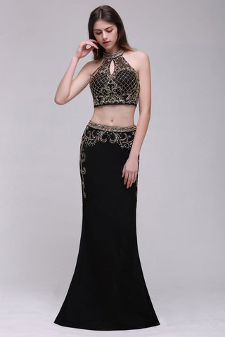 Sheath Crystal Halter Black Two Pieces Prom Dresses