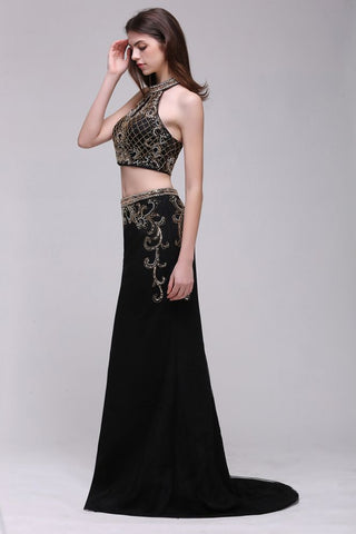 Sheath Crystal Halter Black Two Pieces Prom Dresses