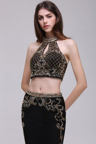 Sheath Crystal Halter Black Two Pieces Prom Dresses