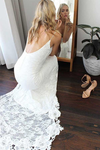 Sheath Lace Backless Scoop Sleeveless Split Court Train Wedding Dress WD258