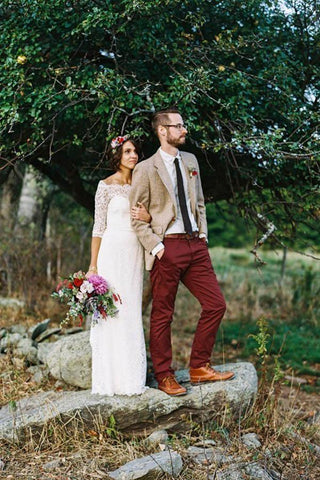 Sheath Off-the-Shoulder White Sweep Train Wedding Dress with Long Sleeve WD535