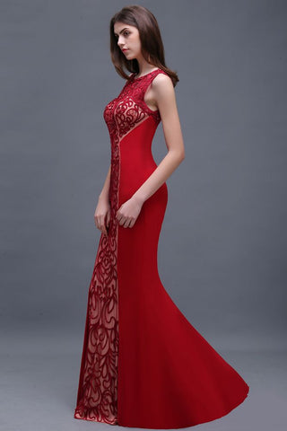 Sheath Round Neck Applique Floor-Length Burgundy Prom Dressses