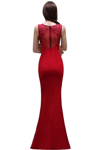 Sheath Round Neck Applique Floor-Length Burgundy Prom Dressses