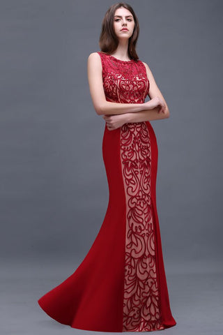 Sheath Round Neck Applique Floor-Length Burgundy Prom Dressses