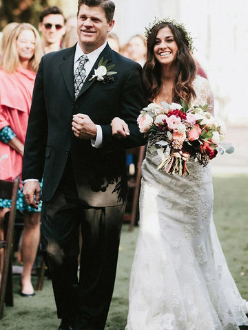 Sheath V-Neck Long Sleeves Backless Tulle Wedding Dress with Appliques WD529