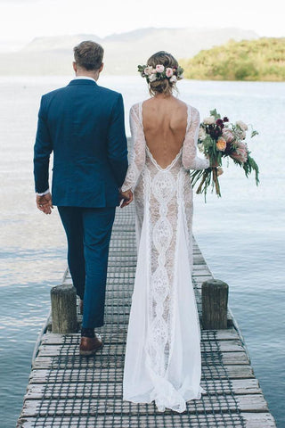 Sheath/Column  Lace Wedding Dress With Long Sleeve Open Back Bridal Gown  WD487