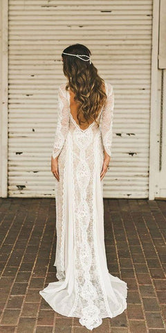 Sheath/Column  Lace Wedding Dress With Long Sleeve Open Back Bridal Gown  WD487