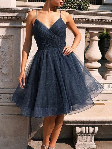 Shiny Short A-line V-neck Spaghetti Straps Tulle Formal Homecoming Dresses