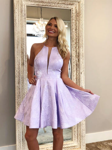 Short A-Line Deep V-Neck Halter Sleeveless Homecoming Dress