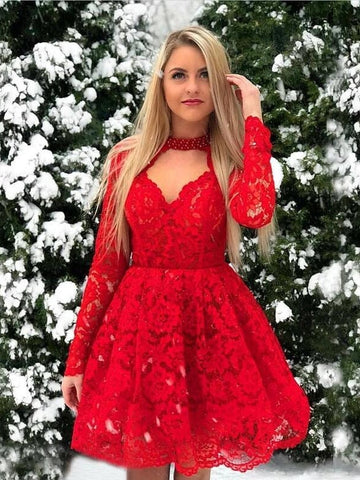 Short A-line Lace Red Long Sleeves Prom Dresses