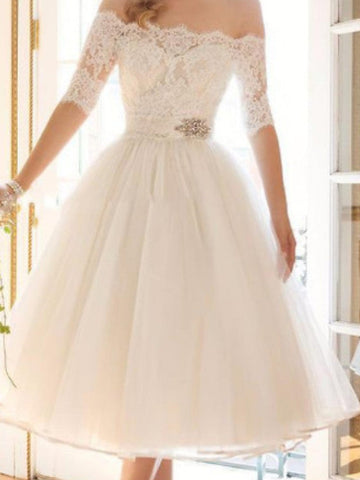 Short A-Line Off Shoulder Lace Tulle Wedding Dresses with Sleeves