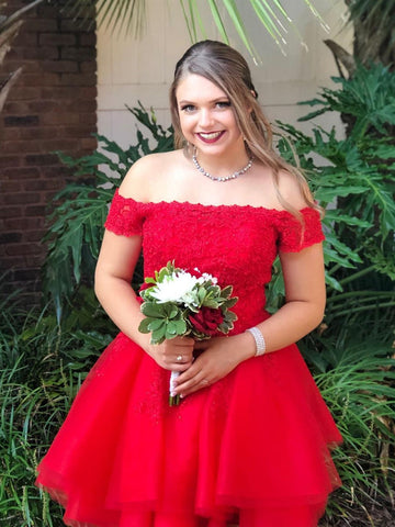 Short A-line Off the Shoulder Lace Tulle Red Prom Homecoming Dresses