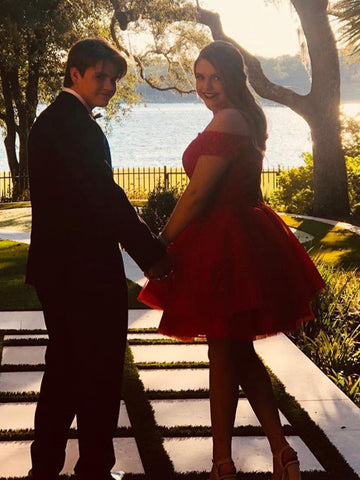 Short A-line Off the Shoulder Lace Tulle Red Prom Homecoming Dresses