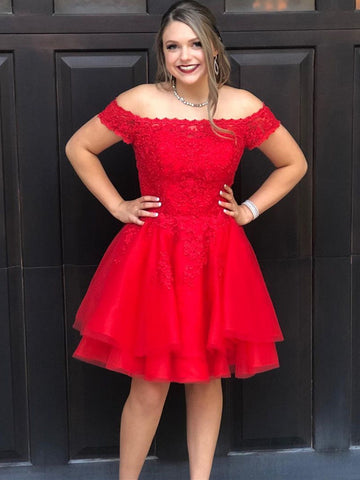 Short A-line Off the Shoulder Lace Tulle Red Prom Homecoming Dresses