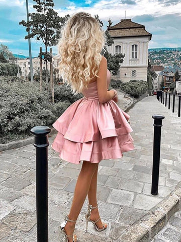 Short A-line One Shoulder Layered Satin Short Prom Homecoming Dresses