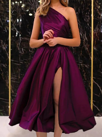 Short A-line One Shoulder Satin Formal Prom Homecoming Dresses with Slit