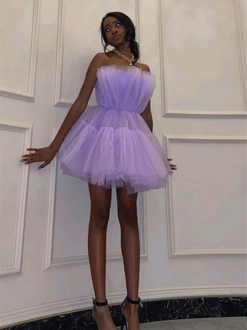 Short A-line Princess Strapless Tulle Prom Homecoming Dresses