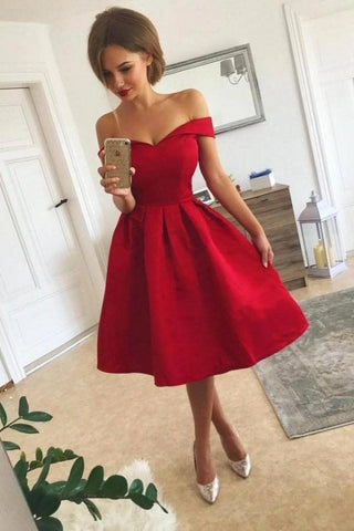 Short A-line Satin Off The Shoulder Red Prom Dress