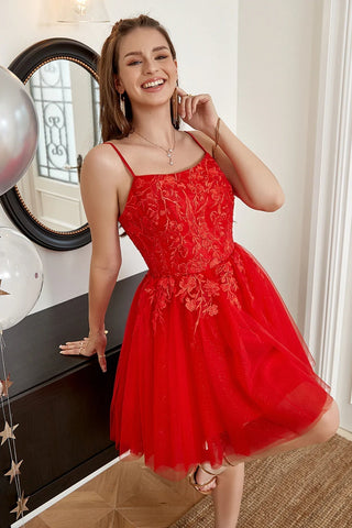 Short A-line Scoop Neck Tulle Lace Backless Prom Dresses, Red Homecoming Dresses