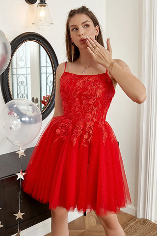 Short A-line Scoop Neck Tulle Lace Backless Prom Dresses, Red Homecoming Dresses