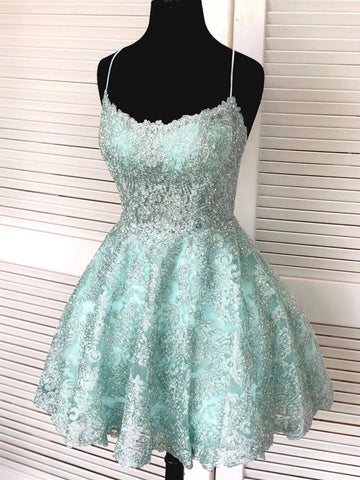 Short A-line Sleeveless Lace Open Back Formal Graduation Homecoming Dresses