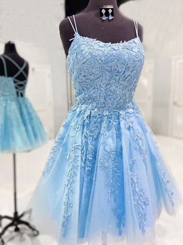 Short A-line Sleeveless Tulle Lace Backless Prom Homecoming Dresses