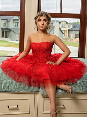 Short A-line Strapless Lace Tulle Prom Dress Red Homecoming Dress