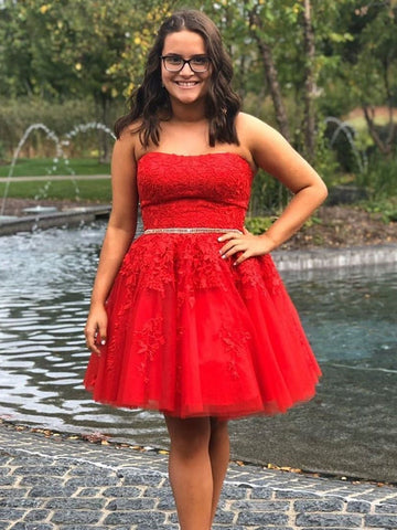 Short A-line Strapless Lace Tulle Prom Dress Red Homecoming Dress