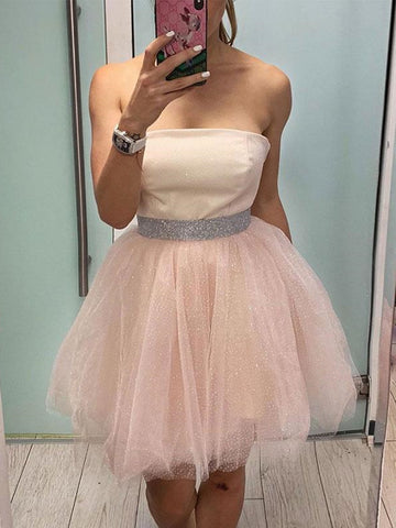 Short A-line Strapless Tulle Prom Homecoming Dresses with Belt