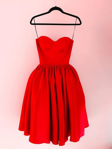 Short A-line Sweetheart Satin Prom Dress Red Formal Graduation Evening Dresses
