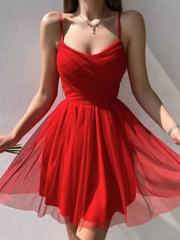 Short A-line Sweetheart Spaghetti Straps Chiffon Porm Dress Red Homecoming Dresses